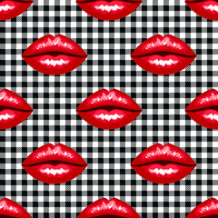 .Bright red lips on a black and white buffalo check  plaid. Vector seamless pattern. Kissing background design.