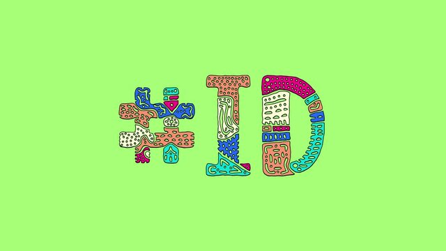#ID. Animated Cartoon Hashtag, Shake twitch effect. Isolate on green screen chroma key background, 4K video. Colored funny doodle unique style. ID is abbreviation for US American state Idaho.