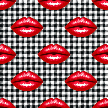 .Bright red lips on a black and white buffalo check  plaid. Vector seamless pattern. Kissing background design.