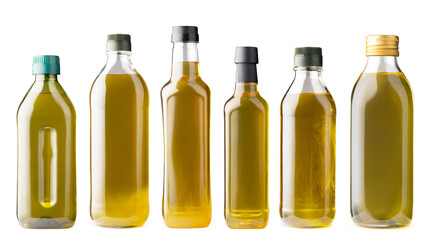 Row of olive oil bottles isolated on white