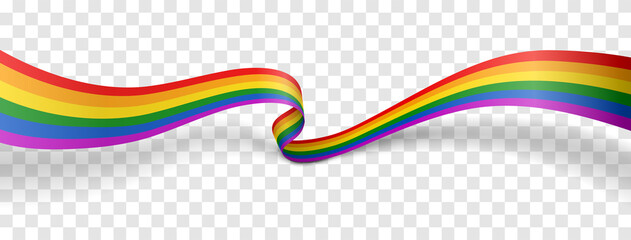 Fototapeta Waving ribbon of LGBT pride isolated on transparent background. LGBTQ colors flag. Love, freedom, support and rights realistic vector illustration. obraz