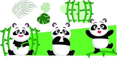 Obraz na płótnie Canvas cartoon panda and bamboo set