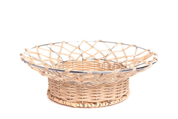 wicker basket with chrome-plated metal on a white background