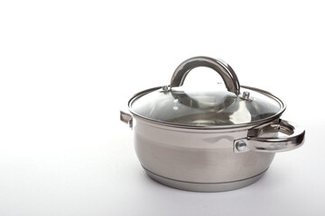 casserole with stainless steel lid on white background