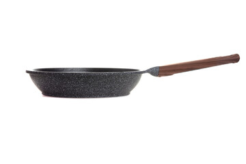 thick black non-stick frying pan with brown handle on white background, side view