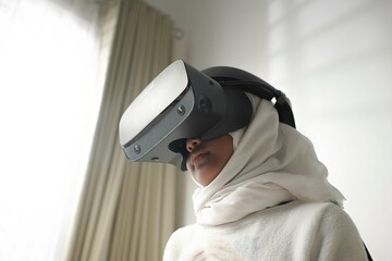 a moslem little girl with hijab playing a game wearing VR glasses