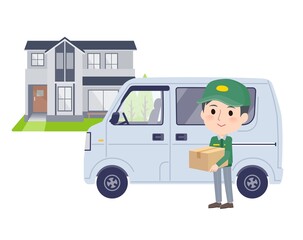 郵便車と運送配達員男性のセット