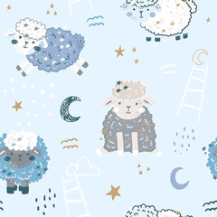 Seamless pattern with cute sheep, moon, clouds. Creative good night background. Perfect for kids apparel,fabric, textile, nursery decoration,wrapping paper.Vector Illustration