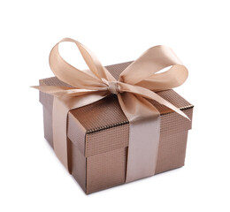 Shiny gift box with golden bow on white background
