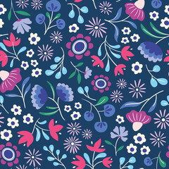 Flower pattern background. Folk floral vector seamless repeat design.