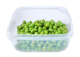 Fresh peas in plastic container isolated on white