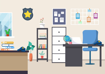 Police Station Department Building with Investigation Bureau Room Interior, Prison Cell and Office Furniture in Flat Style Background Illustration
