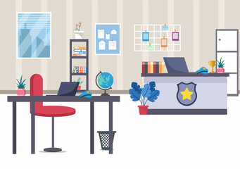 Police Station Department Building with Investigation Bureau Room Interior, Prison Cell and Office Furniture in Flat Style Background Illustration