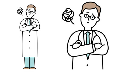 腕組みをして悩んでいる白衣で聴診器を首からかけた男性の医者のイラスト素材。
