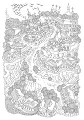 Vector black and white fantasy landscape, fairy small town buildings, church, garden and flying birds on a white background. T-shirt print. Adults Coloring Book page 
