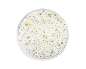 Natural herb salt in glass bowl isolated on white, top view