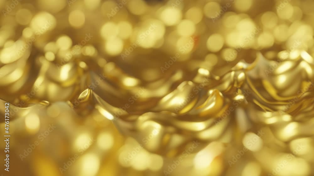Poster gold fluid. golden shiny liquid waving in slow motion with a narrow depth of field. festive gold bok