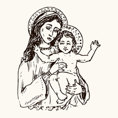 Mary with Jesus. Ink black and white doodle drawing in woodcut style with inscription.