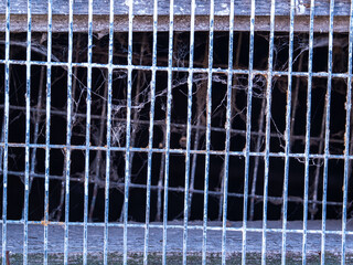 Obraz premium Metal lattice of the cage for keeping farm animals. Place for animals on the farm. Metal grid. Background image. Aging of iron.