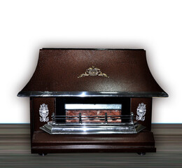 Bright living room, fireplace in the new fireplace, modern interior home high quality with comfortable leather sofa on the concrete floor against the glass wall in the background