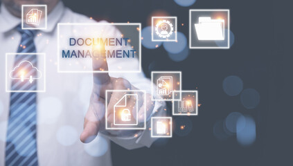 Businessman touching virtual screen access document system. Concept of business document management system, change of document management, business process, business, and technology concept.