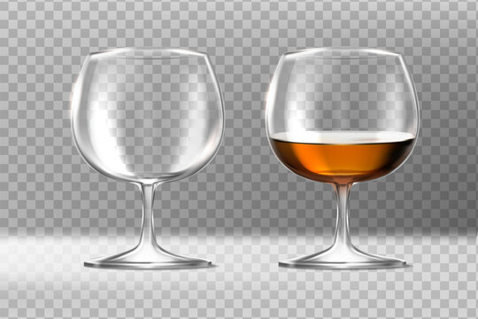 3d realistic vector icon. Set of two glassses with cognac. Empty and full. Isolated on transparent background.