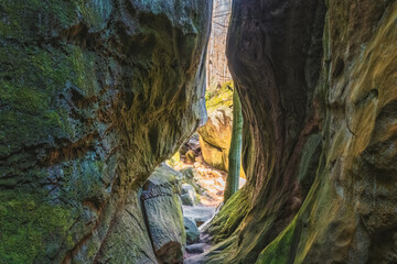 Split stone rock, inside view. Ternoshorskaya Lada. Dovbush Rocks. Carpathians, Kosiv district, Ivano-Frankivsk region, Ukraine