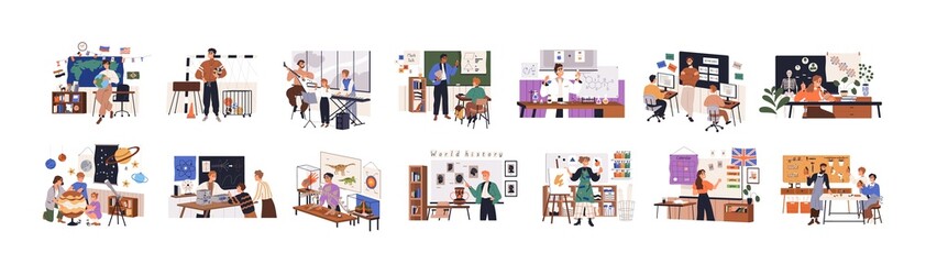 Different school teachers in classrooms set. Men and women at blackboards in class room, teaching lessons, Math, Chemistry, English, Arts and Craft. Flat graphic vector illustrations isolated on white