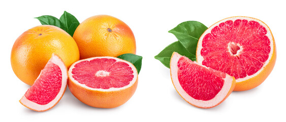 grapefruit and slice with leaves isolated on white background, Set or collection