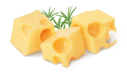 cubes of cheese isolated on white background with clipping path and full depth of field
