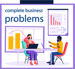 People have meeting about economic problems of company. Teamwork with diagram analysis. Colleagues discussing business issues. Businesspeople struggling with bankruptcy, declining indicators of profit