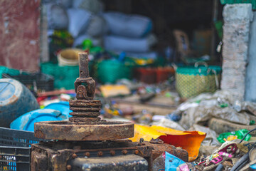 Broken engine parts waiting to be recycled in a waste recycling center in Teknaf, Bangladesh