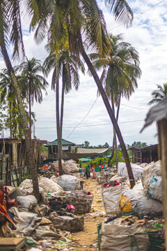 Plastic trash collected in a waste recycling center in Teknaf, Bangladesh