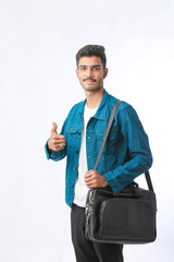 young man with laptop bag on white background