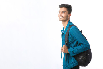 Young indian college student giving expression on white background.