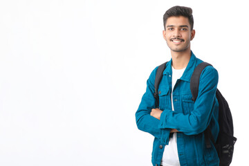 Young indian college student giving expression on white background.
