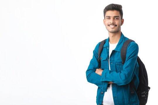 Young indian college student giving expression on white background.