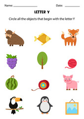 Letter recognition for kids. Circle all objects that start with Y.
