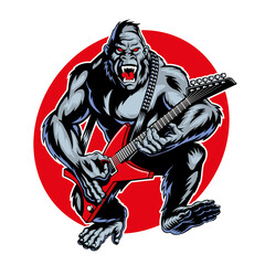 Gorilla playing electric guitar. Cool ape  rocker mascot. Comic style vector illustration.