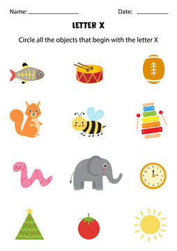 Letter recognition for kids. Circle all objects that start with X.