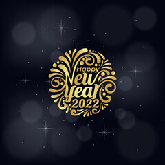 happy new year 2022 greeting with floral elements, gold colors, dark background and bokeh effect.