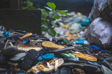 Rubber sandals waiting to be recycled in teknaf bangladesh