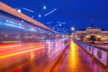 Saint Petersburg winter. Russia Christmas. Palace Bridge with motion effect. Admiralty in Saint Petersburg. Christmas holidays in St. Petersburg. New year in Russia. Russian Federation