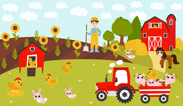 Farming poster with tractor with animals and farmer boy digging, barn with horse, landscape with harvest