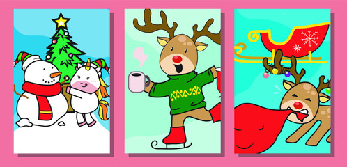 Cute Unicorn Christmas flashcards set. Unicorn flashcards Flashcards edition. Cute unicorn flashcards collection set. Vector illustration. 