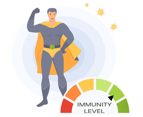 Man in super man costume and circular spectrum of level of immunity. Power of imunity to fight disease isolated vector. Battle winner superhero as symbol of human health. Hero demonstrates his power