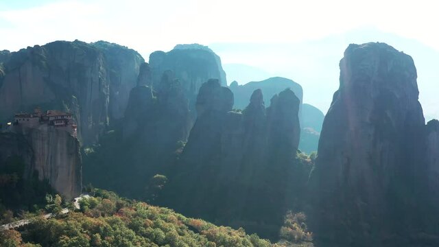 Meteora is a rock formation in Greece hosting one of the largest built complexes of Eastern Orthodox monasteries.
The monasteries are built on immense natural pillars that dominate the local area.