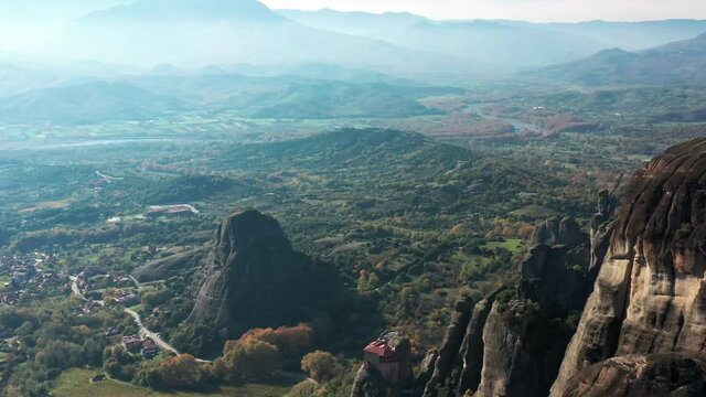 Meteora is a rock formation in Greece hosting one of the largest built complexes of Eastern Orthodox monasteries.
The monasteries are built on immense natural pillars that dominate the local area.