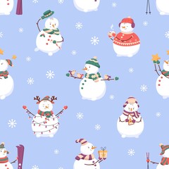 Christmas snowmen pattern. Seamless winter background with repeating cute snow men and snowflakes print. Xmas texture design for wrapping and holiday decoration. Printable flat vector illustration
