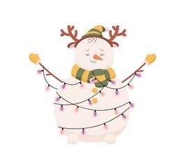 Cute Christmas snowman decorated with Xmas garland. Happy snow man in cap, scarf and reindeer headband. Kids winter character with carrot nose. Flat vector illustration isolated on white background